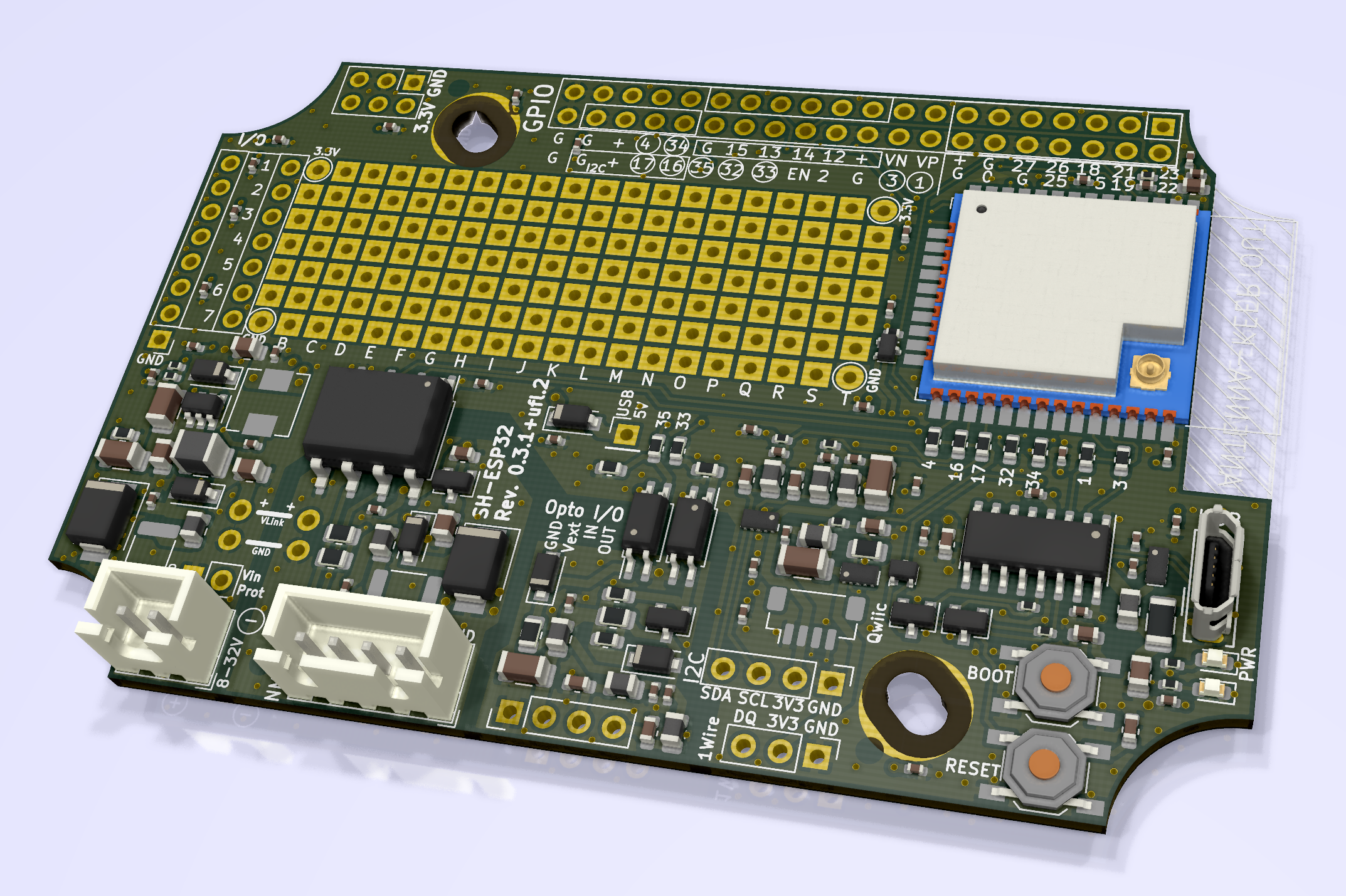 SH-ESP32-ufl rendering, top, non-orthogonal