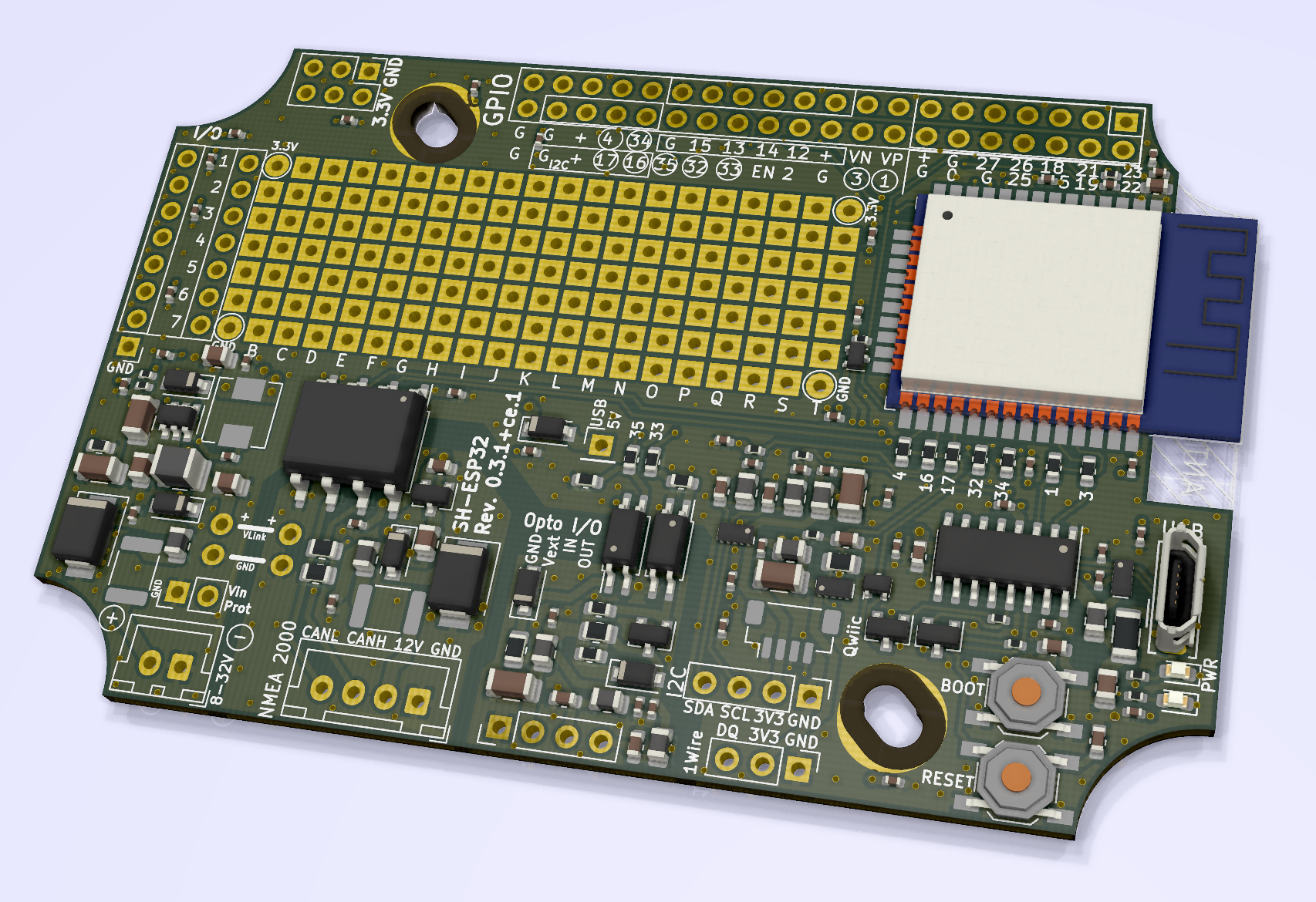 SH-ESP32 rendering, top, non-orthogonal