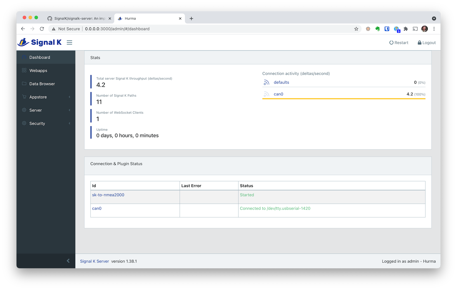 Signal K server receiving data